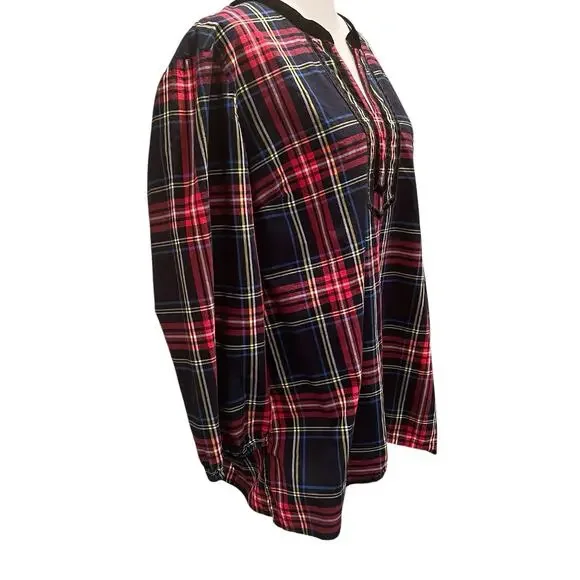 Talbots Velvet Trim Top Red Plaid Long Sleeve Split Neck Womens XL Christmas - Picture 4 of 12